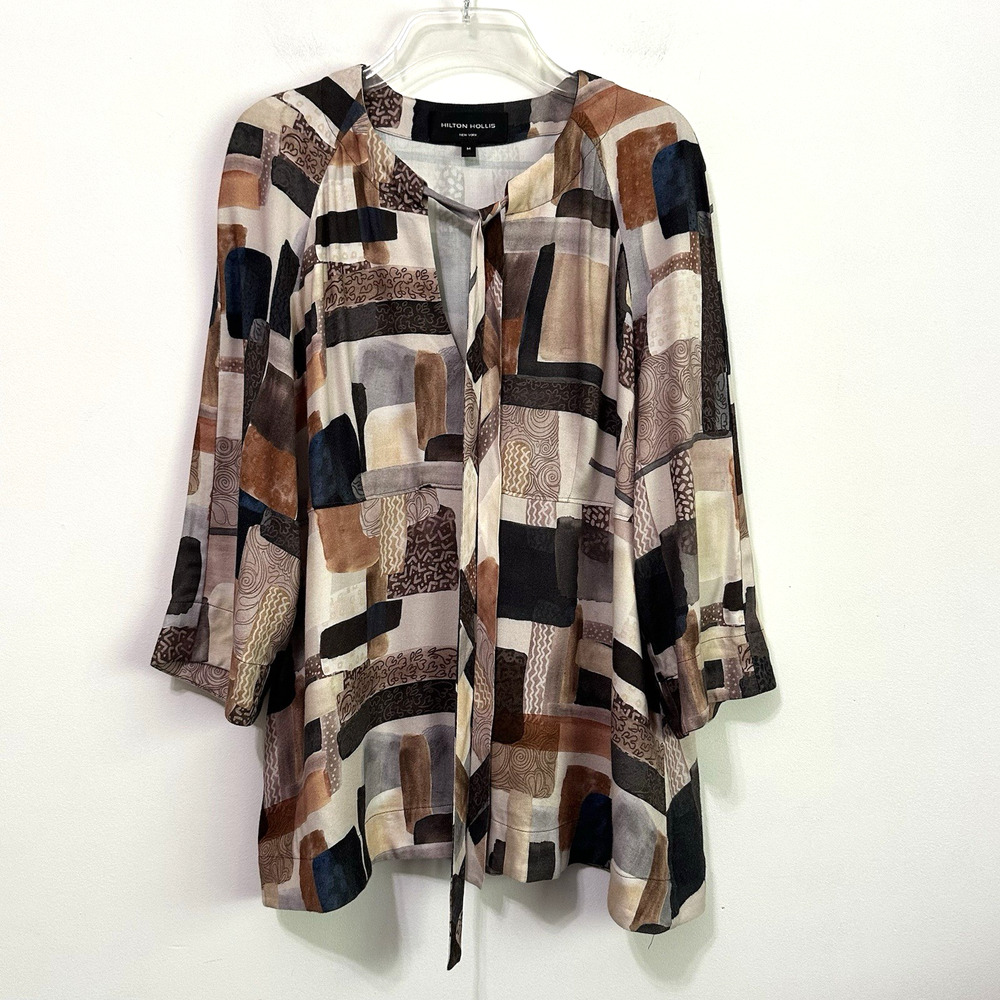 Hilton Hollis New York‎ Top M Brown Abstract Tie Neckline 3/4 Sleeve Popover